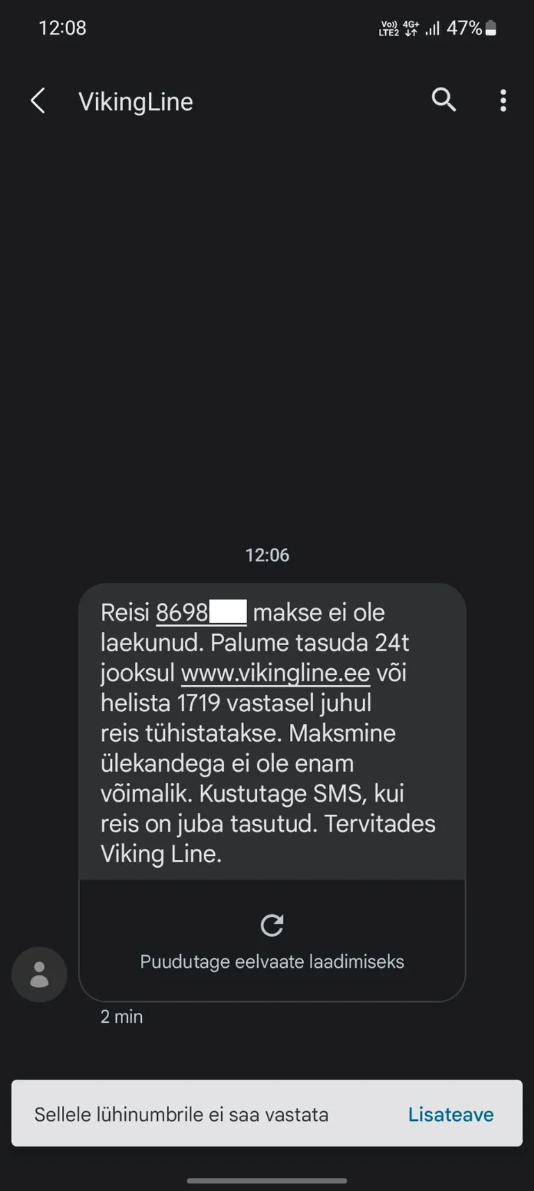 Lakooniline sõnum, mis teatab reisi tühistamisest, kui raha ei tasuta.