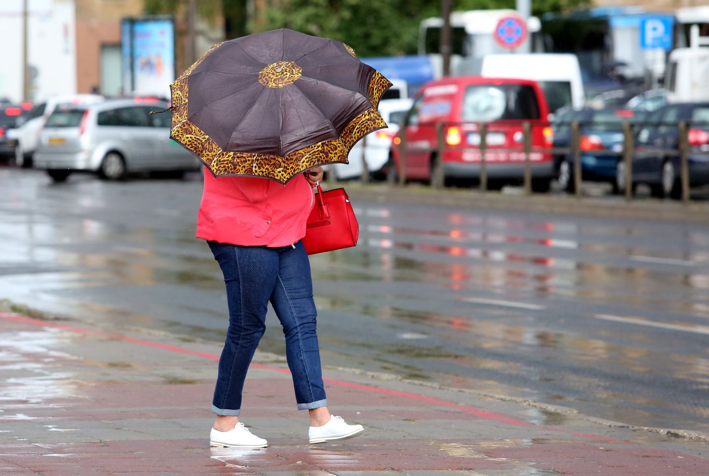 Sieviete ar lietussargu negaisa laikā.