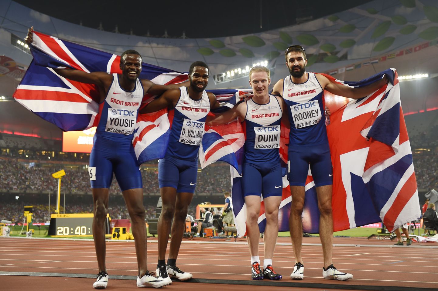 Suurbritannia 4x400 meetri teatenelik võitis MMil pronksi: pildil Rabah Yousif, Delanno Williams, Jarryd Dunn ja Martyn Rooney.
