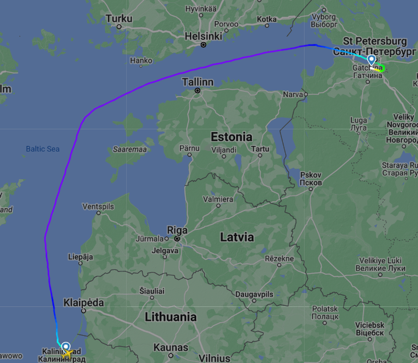 Tavaliselt kulgeb lend Kaliningradist Peterburgi üle neutraalvete.