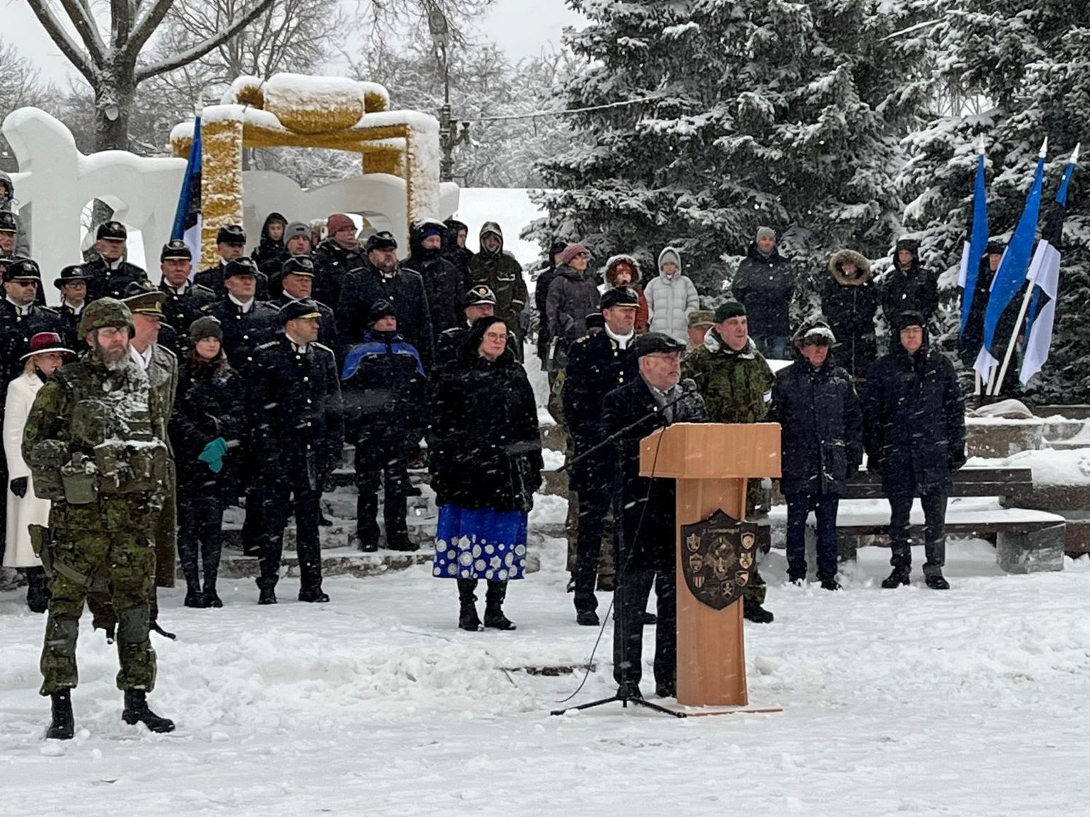 Президент Эстонии Алар Карис выступает на Петровской площади в Нарве по случаю 103-й годовщины заключения перемирия в Освободительной войне. 3 января 2023 года.