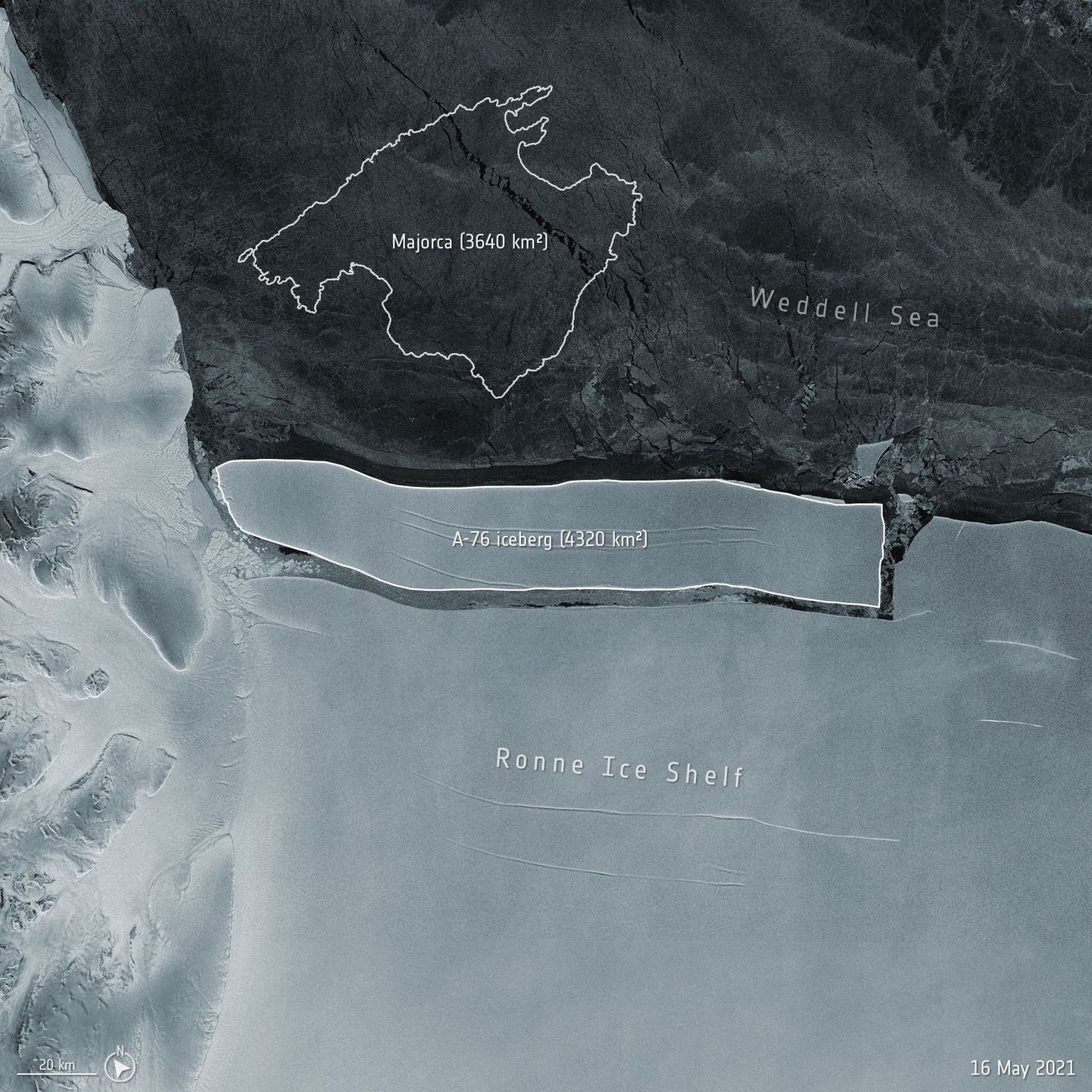 Euroopa kosmoseagentuuri foto Copernicuse programmi Sentinel-1 satelliidilt. Fotol Filchner–Ronne jäämägi, võrdluseks kõrval Mallorca saare kujutis.