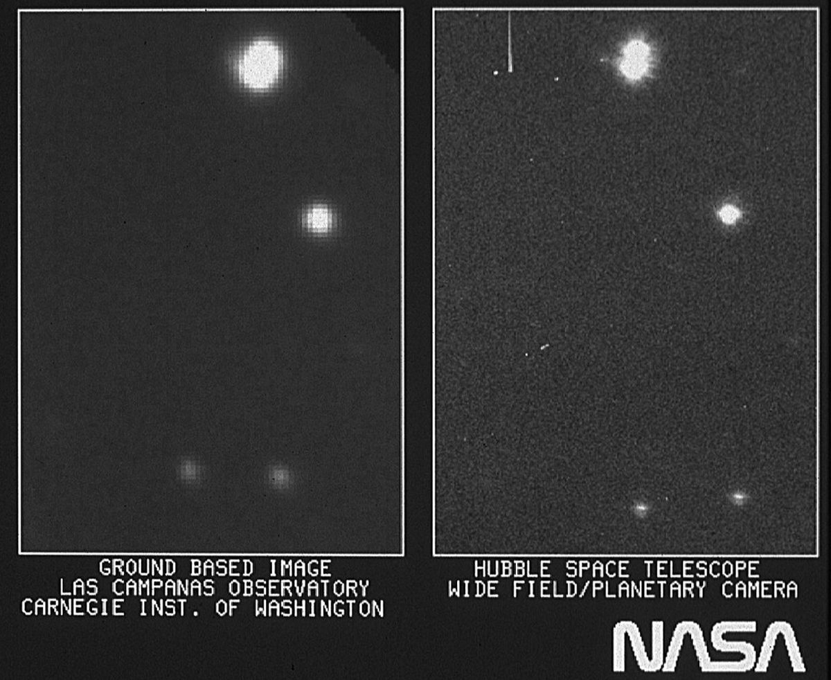 Paremal on näha Hubble’i laia vaateväljaga planetaarkaamera esimene pilt, vasakul aga Tšiilis asuva Las Campanase teleskoobi pilt samast kohast. Maa pealt tehtud pilt on hägusem, kuna see on mõjutatud Maa atmosfäärist.