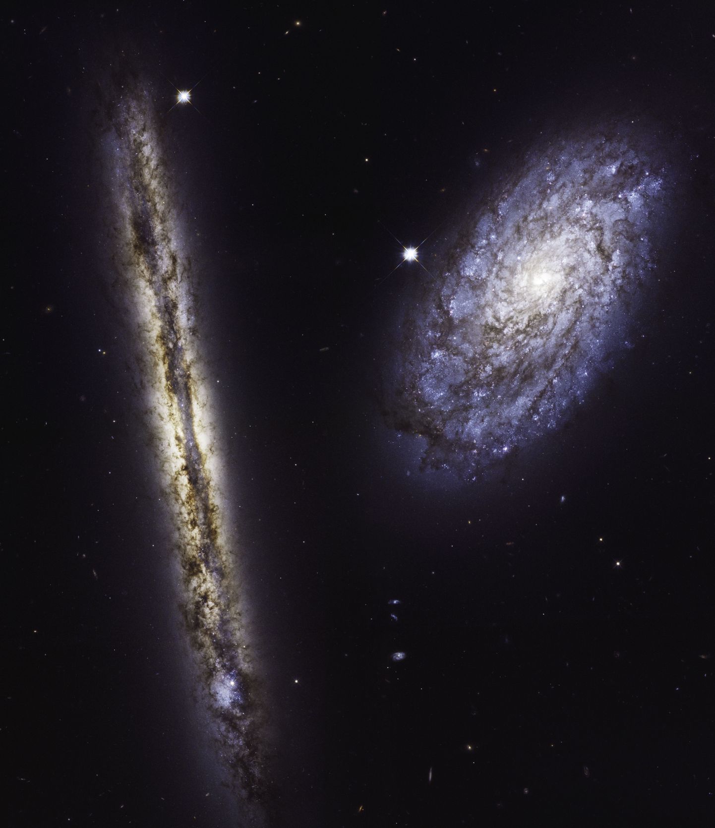 NASA avaldas Hubble'i kosmoseteleskoobi pildi kahest kümnete tuhandete valgusaastate kaugusel asuvast spiraalgalaktikast. Umbes niimoodi näeks kosmilisest kaugusest välja ka meie Linnutee.