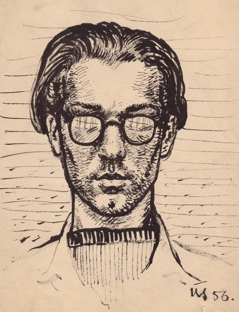 Ülo Sooster «Autoportree prillidega», 1956. Tušš, paber. Soosteri perekonnakogu.