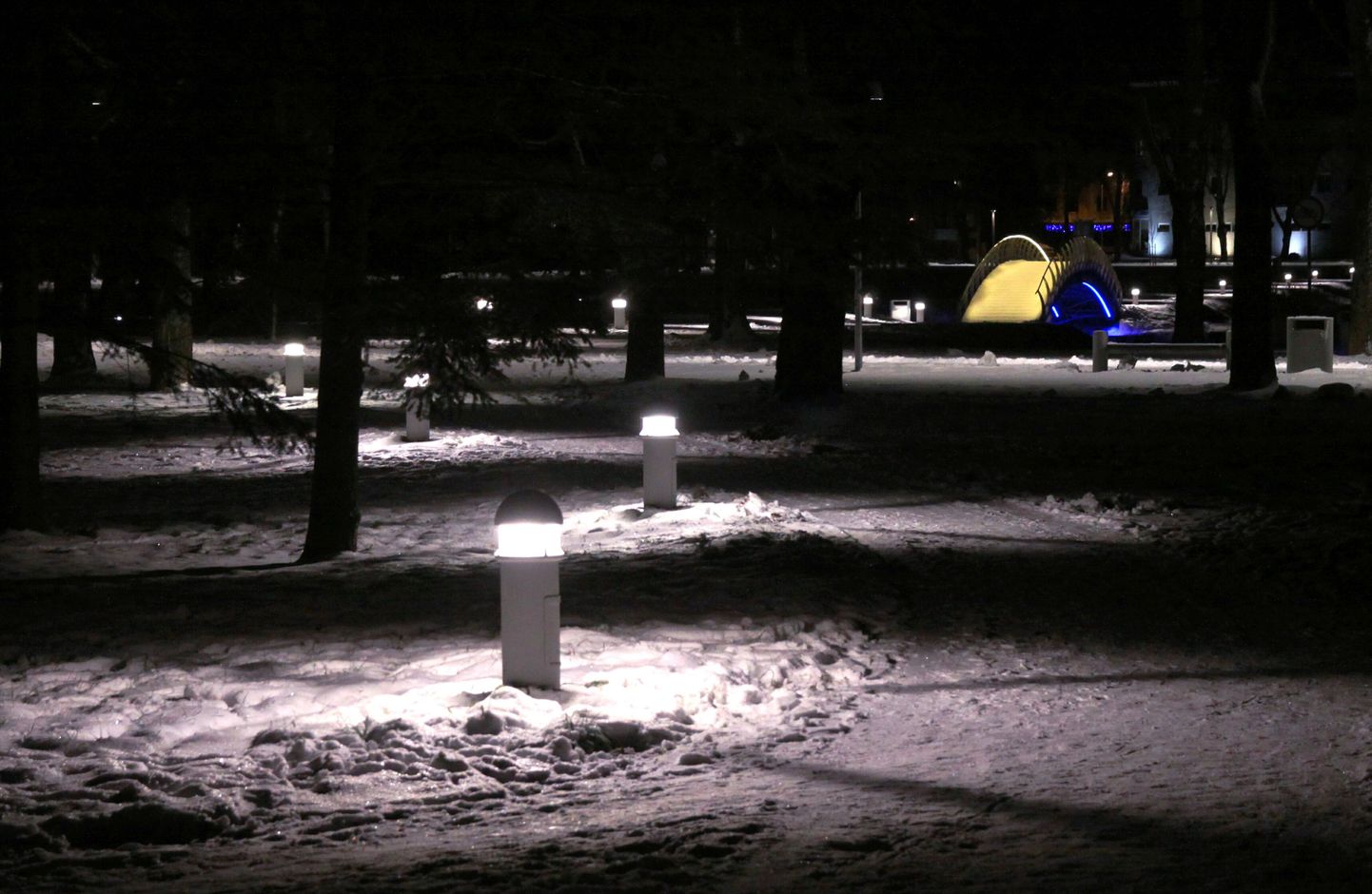 Uue valgustuslahenduse saanud lumine Vallikääru pargiala Pärnus.