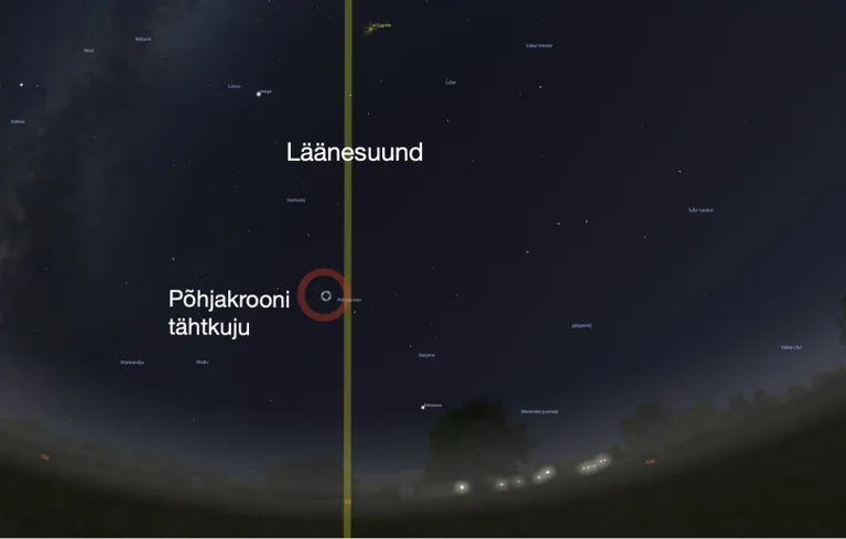 T Coronae Borealis peaks plahvatama Põhjakrooni tähtkujus, mis asub horisonid kohal läänesuunast tsipake põhja pool.