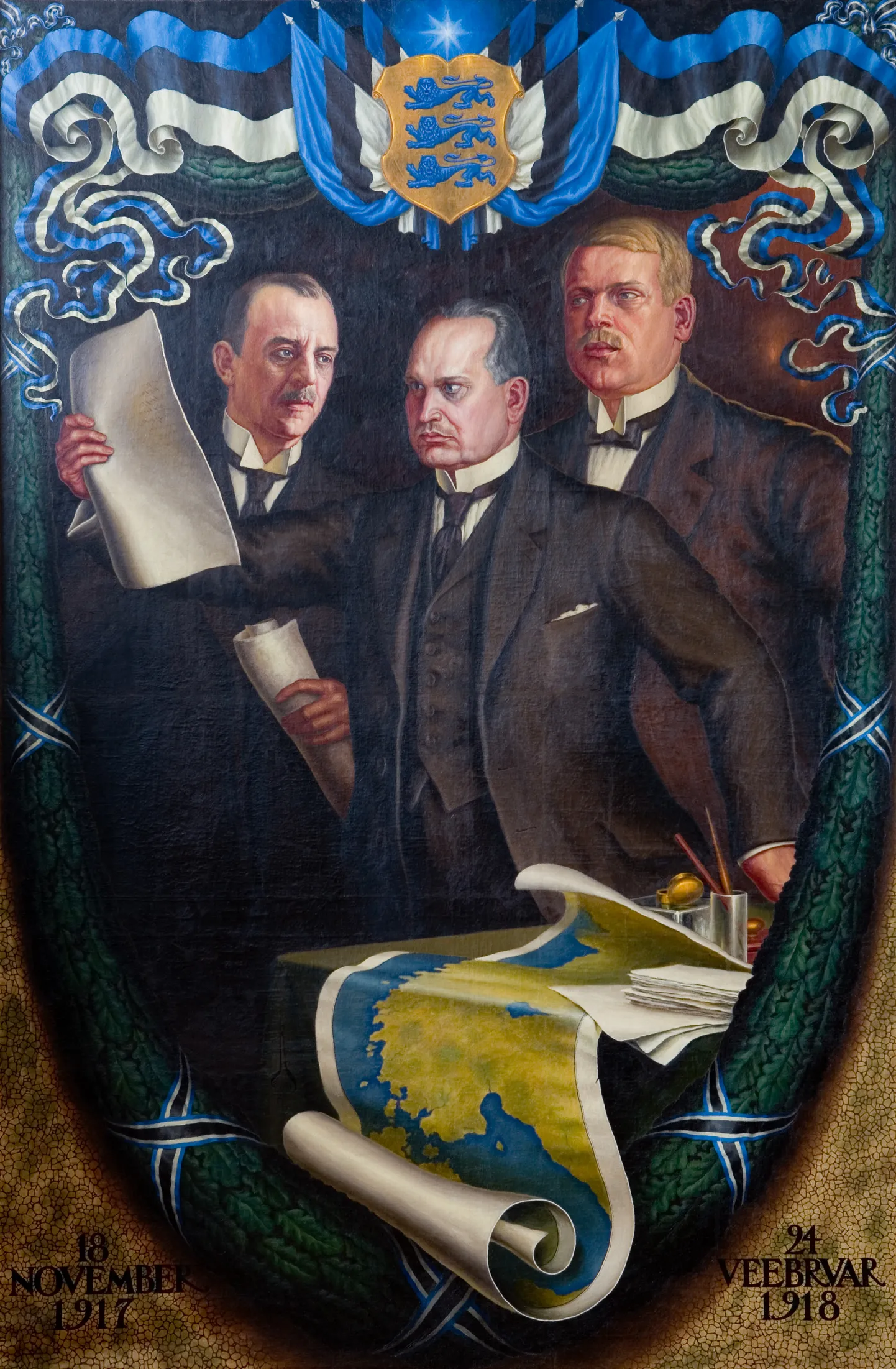 Päästekomitee liikmed Konstantin Konik (vasakult), Konstantin Päts ja Jüri Vilms kujutatuna Nikolai Kalmakovi maalil «24. veebruar 1918», mis asub Eesti Panga Iseseisvussaalis.