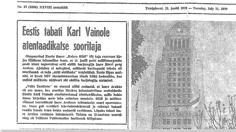 Kanada eestlaste ajaleht Vaba Eestlane seostas Karl Vainole tehtud väidetava atentaadikatsega imre Arakat. Kuvatõmmis.