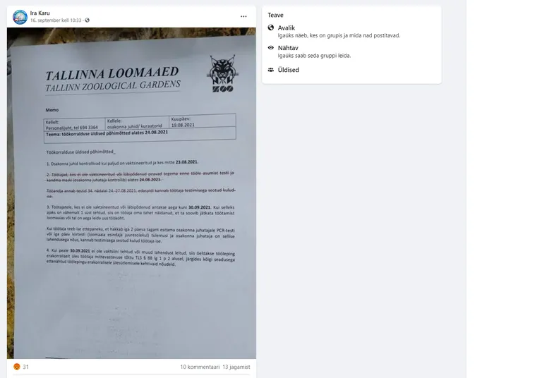 Väidetav Tallinna loomaaia koostatud kiri töötajatele.