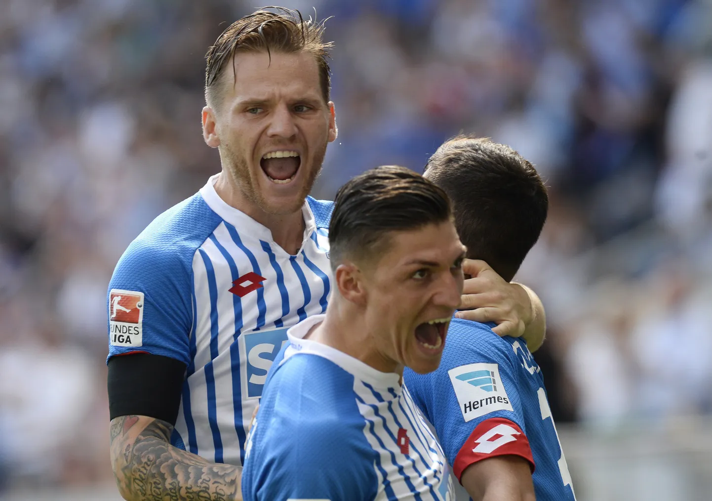 Eugen Polanski ja Kevin Volland tähistamas 9. sekundil löödud väravat.