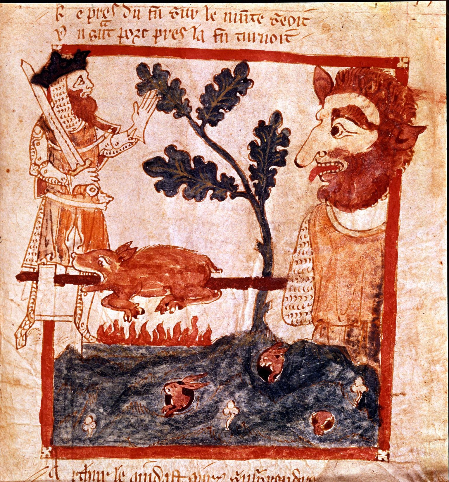 13. sajandi käsikiri, millel on kujutatud kuningas Arthurit ja hiiglast