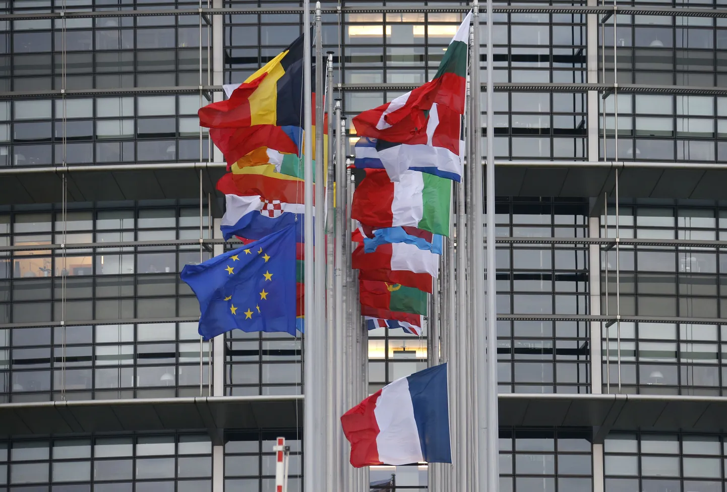 ELi liikmesriikide lipud Euroopa Parlamendi hoone ees Strasbourgis Prantsusmaal
