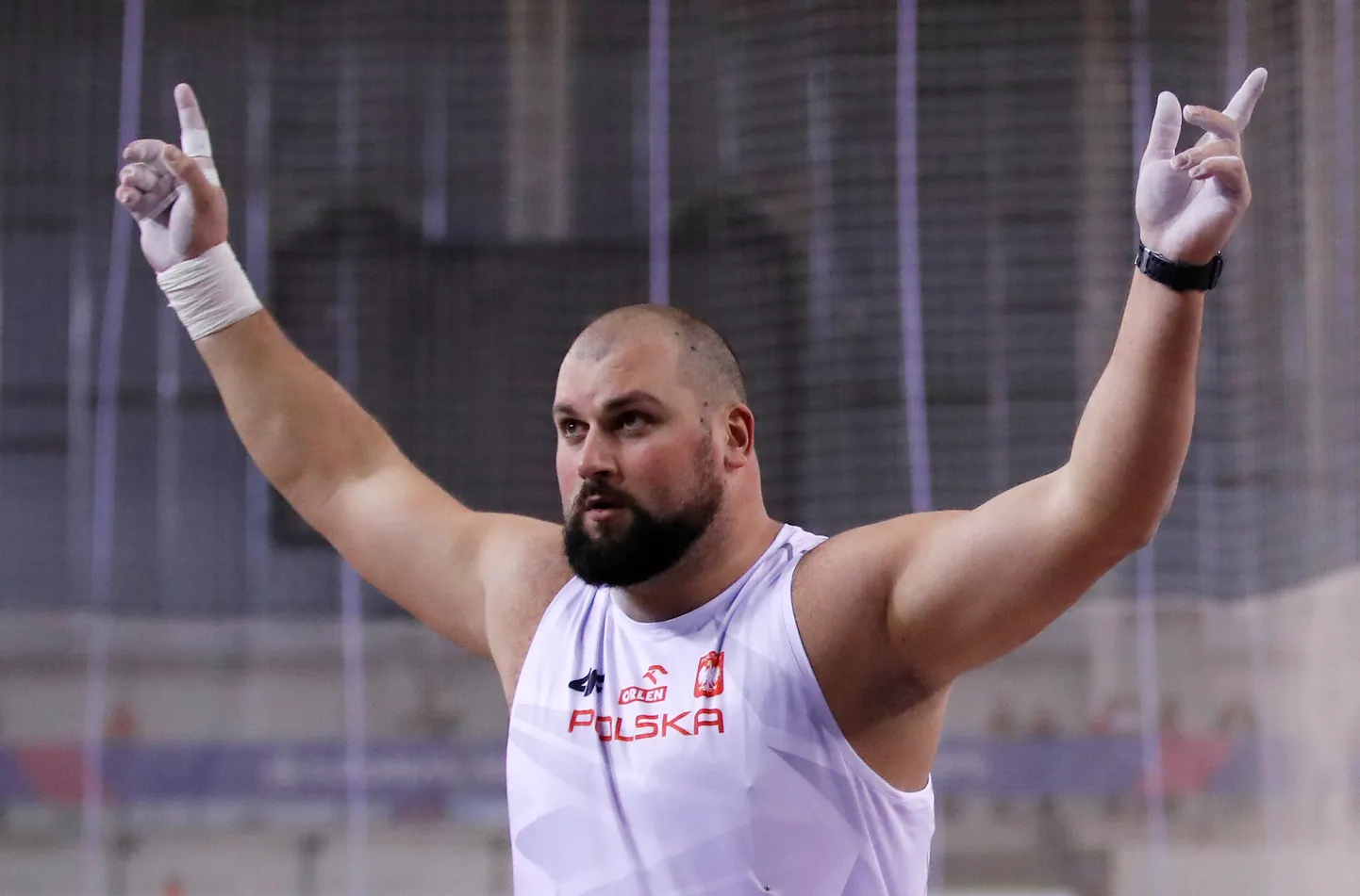 Athletics - 2019 European Indoor Athletics Championships - Emirates Arena, Glasgow, Britain - March 1, 2019   Poland's Michal Haratyk reacts during the men's shot put final   REUTERS/Andrew Boyers