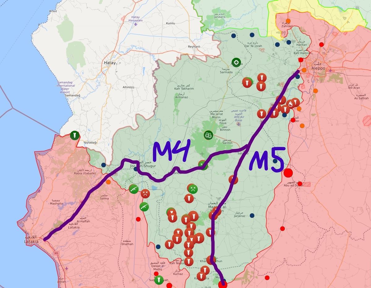 Pašreizējā situācija Idlibas provincē ar M4 un M5 lielceļiem. Sarkanās raķetes apzīmē Asada bombardēšanas virzienus.