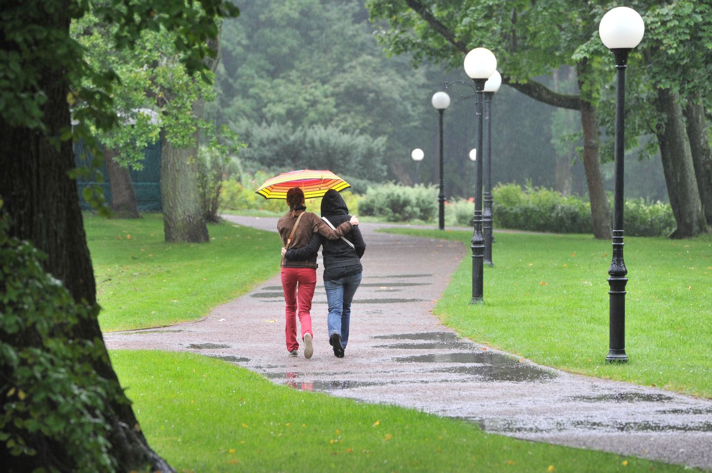 Kaks tüdrukut vihmasel pärastlõunal Kadrioru pargis jalutamas.