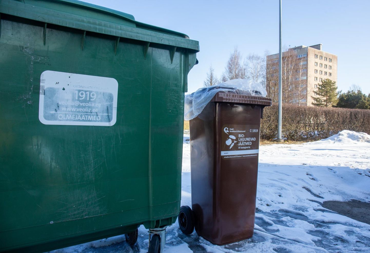 Biolagunevate jäätmete konteinerid on pruunid või kannavad pruunil taustal kirjeid ning neid ei tühjendata nii sageli kui sortimata prügiga konteinereid.