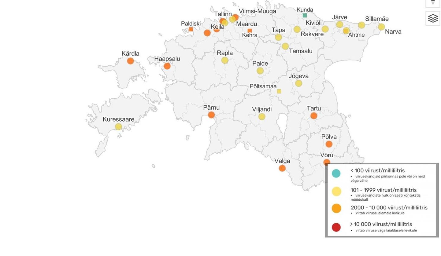Terviseameti reoveeuuringu tulemuste kohaselt on nakatumine Eestis langustrendis. Reoveekaart on valdavalt kollane.
