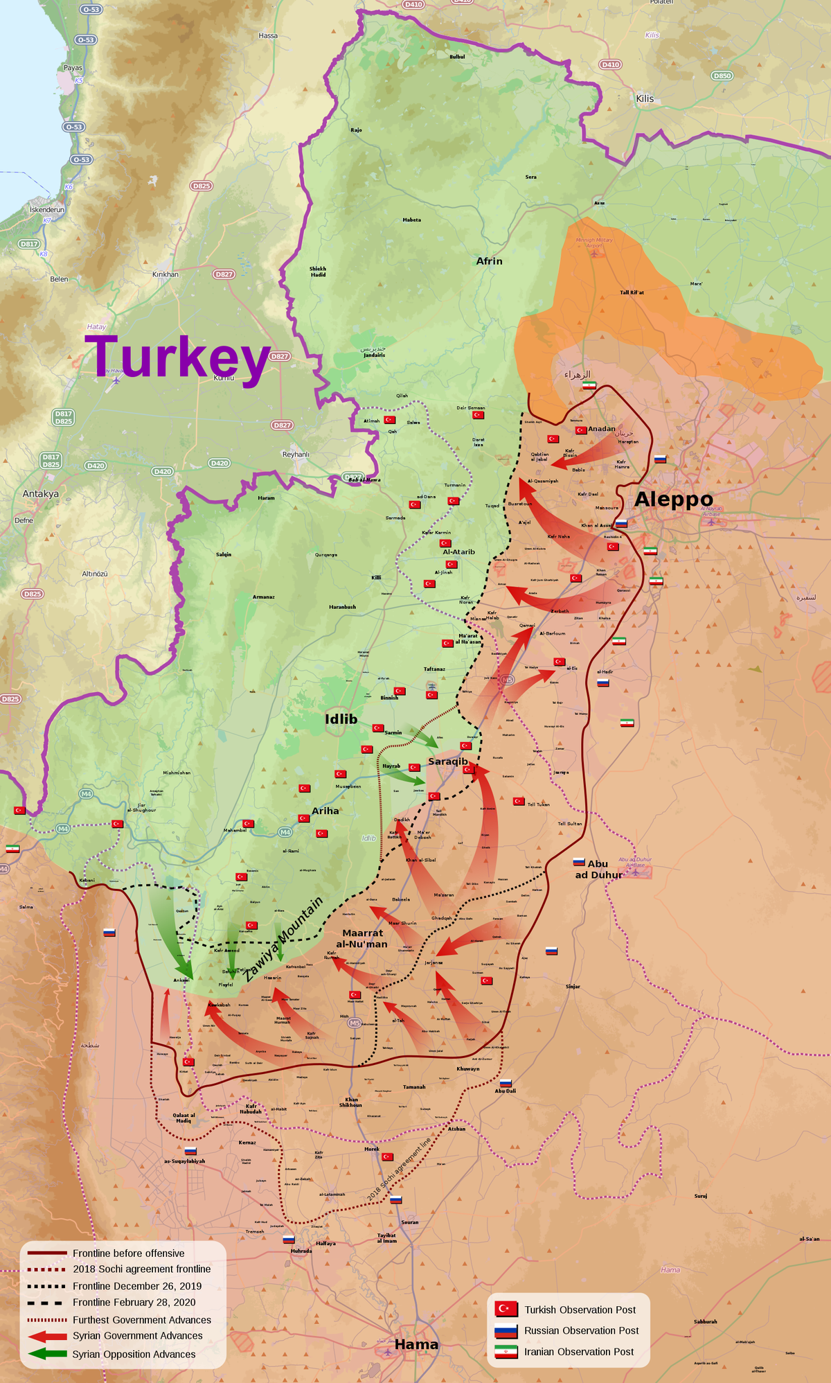 Aptuvenie Sīrijas valdības uzbrukuma virzieni (sarkanā) un aptuvenie opozīcijas pretuzbrukumi (zaļā).
