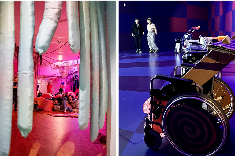 Интерьер главного зала на вернисаже и Мелани Бонайо беседует с журналистами в зале «Прогресс/Регресс» (2016): коляски выстроены в ряд перед экраном. 