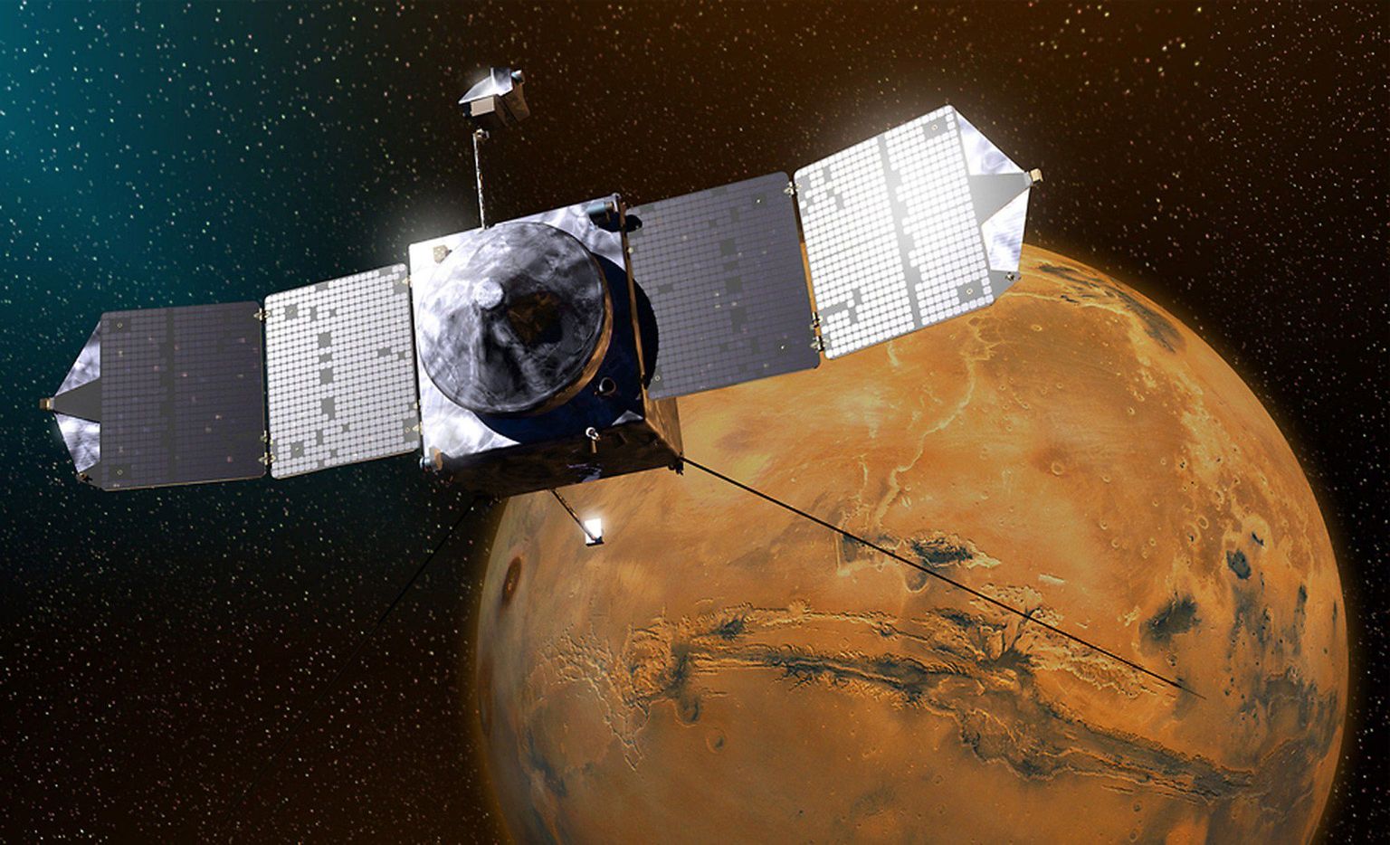 Arvutijoonistust Marsist ja NASA uurimisalusest Mars Atmosphere and Volatile EvolutioN (MAVEN)