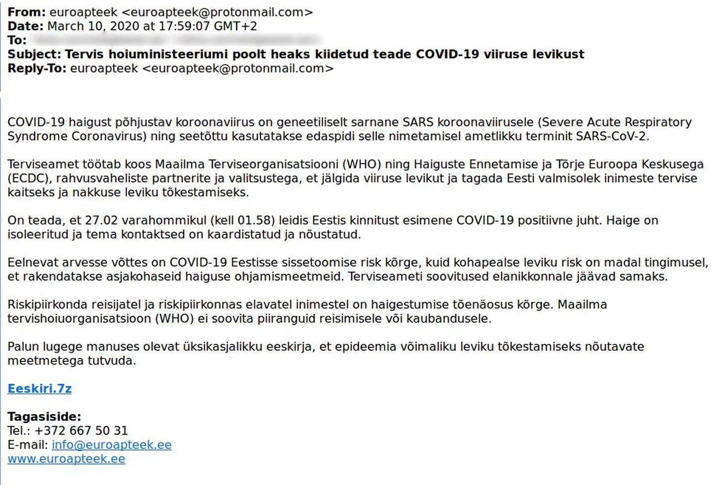 Ekraanitõmmis kirjast, mille sisse oli pahavara peidetud.