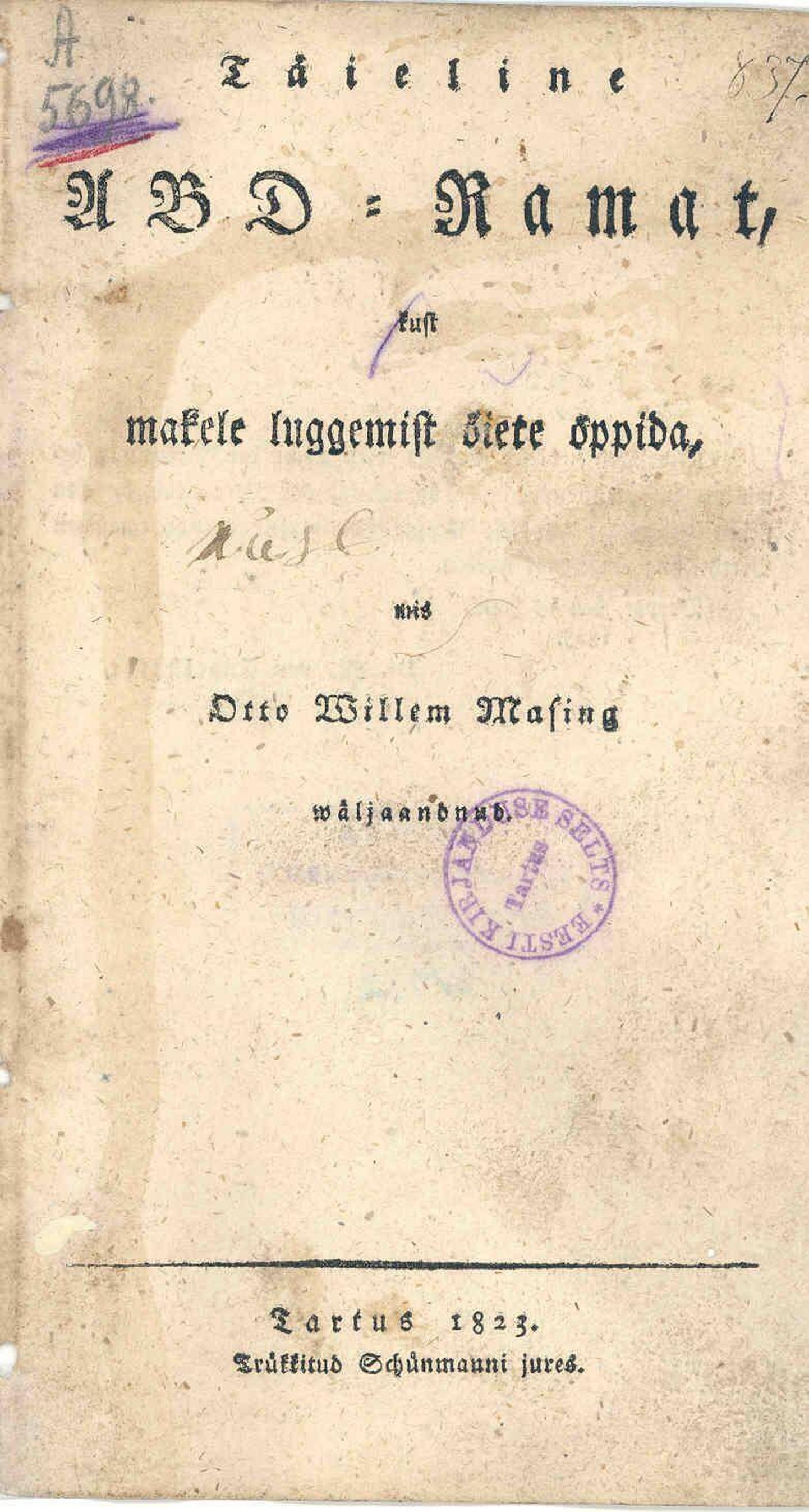 Otto Wilhelm Masingu 1823. aastal ilmunud aabitsa tiitelleht