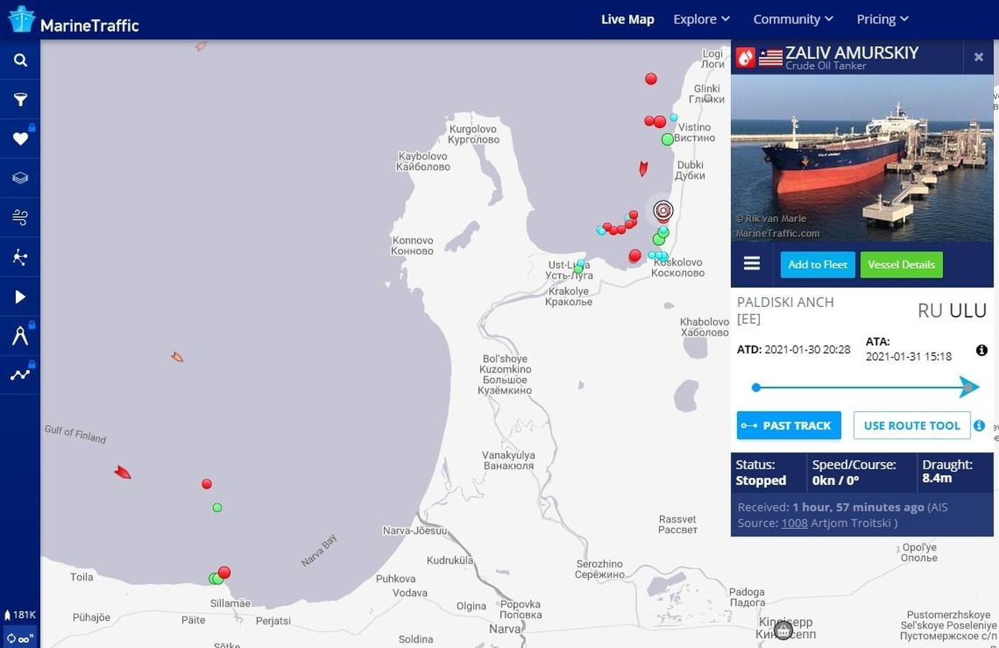 Eile õhtuks oli naftatanker Zaliv Amurskiy jõudnud juba Venemaale Ust-Luga sadama lähistele.
