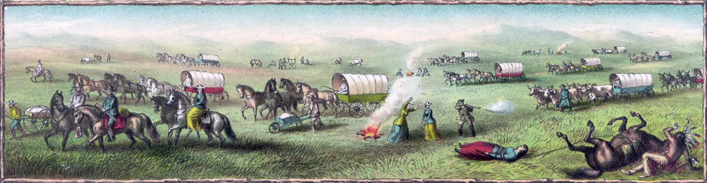Indiaanlased ründavad karavani. Litograafia, 1887.
