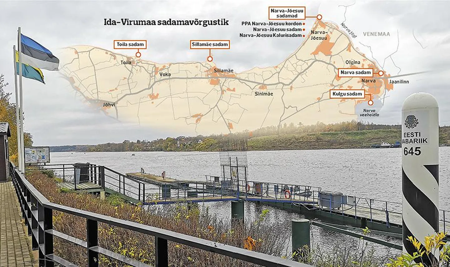 Narva sadama kai, Narva jõgi ja piiripost, taamal Venemaa.