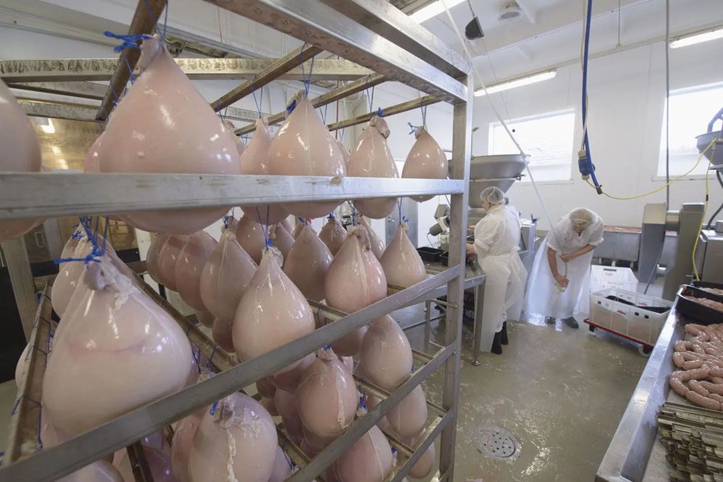 Maag Lihatööstuse tootmine Kirimäel. Pildil ripuvad keedusingid vorstitsehhis.