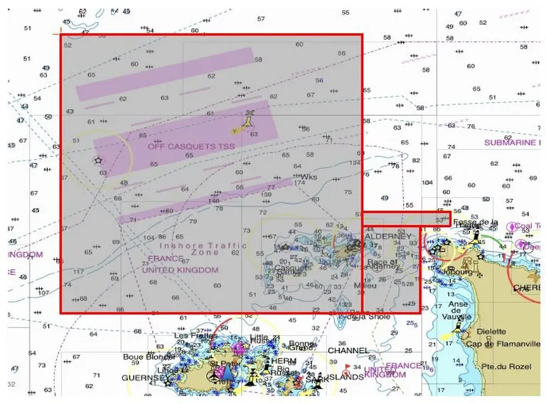 Merekaart, millel on märgitud alad Briti Guernsey saare juures, kus kadunud lennukit otsitakse