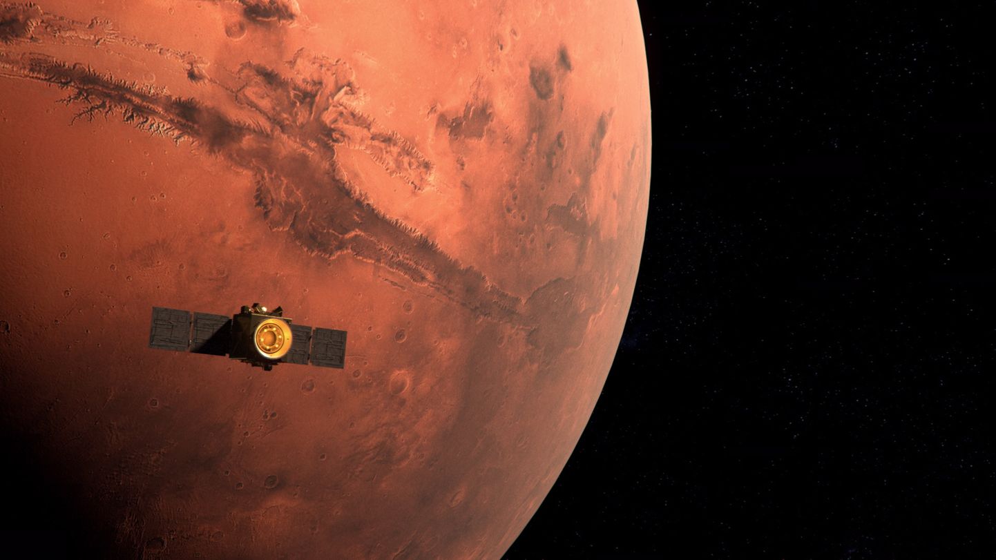 Araabia Ühendemiraatide Mohammed Bin Rashidi kosmosekeskuse arvutijoonistus Hope sondi jõudmisest Marsi orbiidile