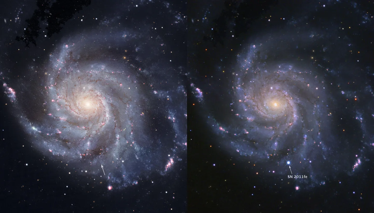 Hubble´i kosmoseteleskoobi tehud fotod Tuuleratta galaktikas enne supernoova plahvatust ning kui supernoova SN 2011fe oli kõige eredam