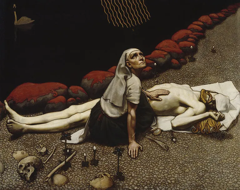 Leminkeinena māte pie sava dēla sašķaidītā ķermeņa. Gleznotājs Aksels Gallens-Kallela, 1897. gads