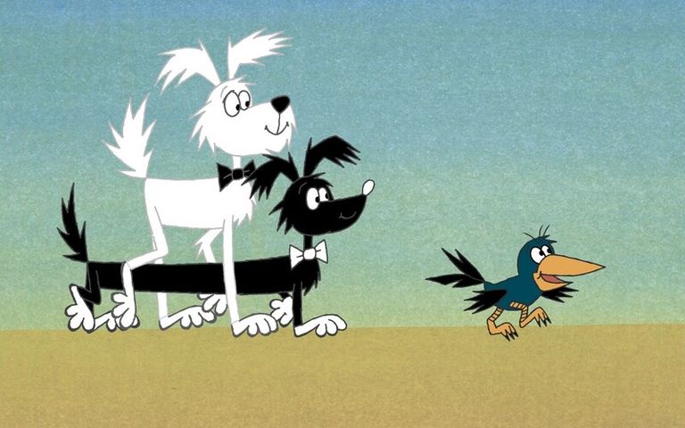 Tšehhoslovakkia animafilmisari "Must ja valge koer". Kaks noort koera, Popi ja Topi, jõudsid otsusele, et nad on juba küllalt suured, et ise enda eest hoolitseda. Seepärast lahkusid nad oma mugavast kodust inimeste juurest ja läksid laia maailma. Rännakul saadab neid pidevalt häbematu vares