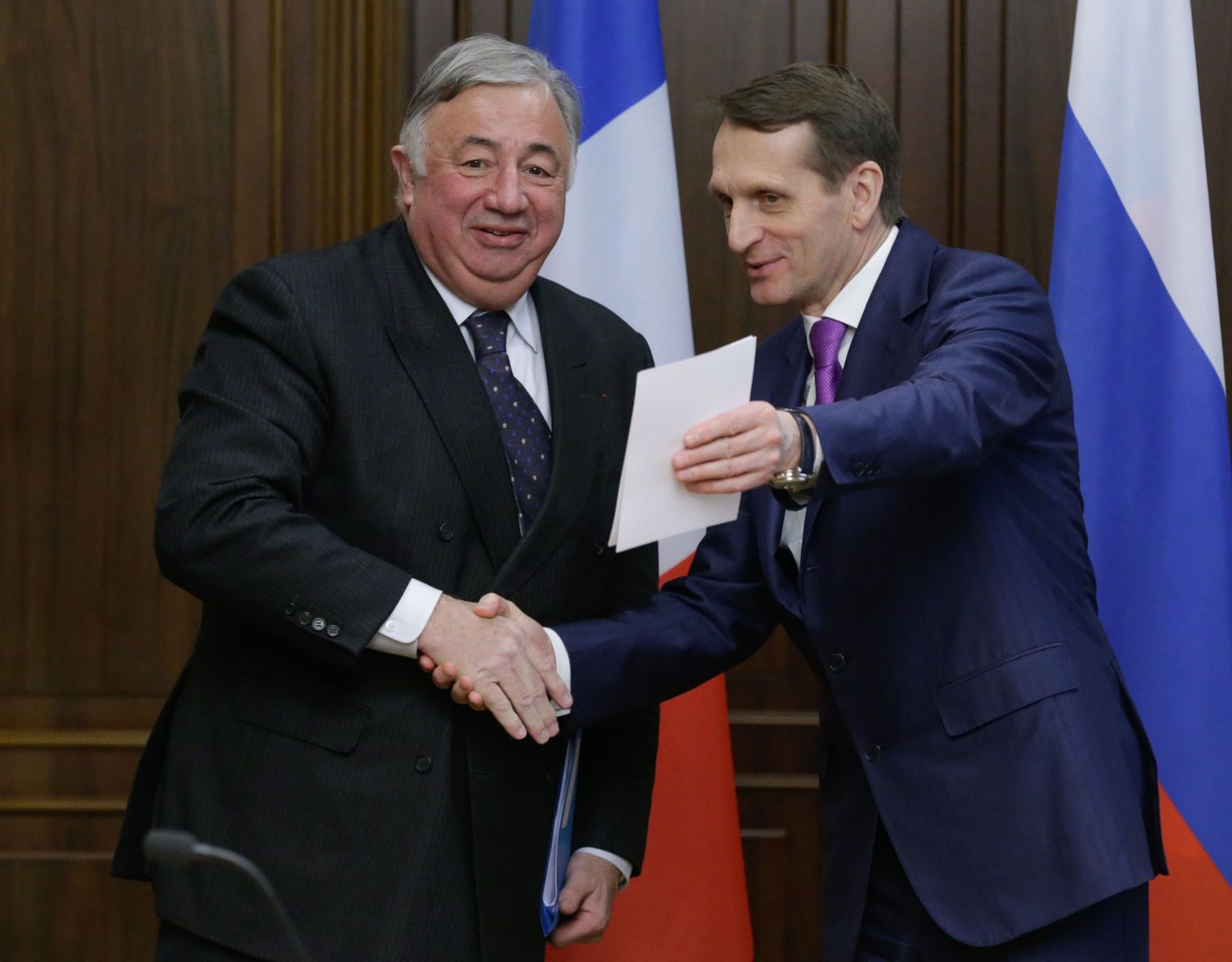 Riigiduuma spiiker Sergei Narõškin ja  Prantsusmaa senati president Gerard Larcher (vasakul).