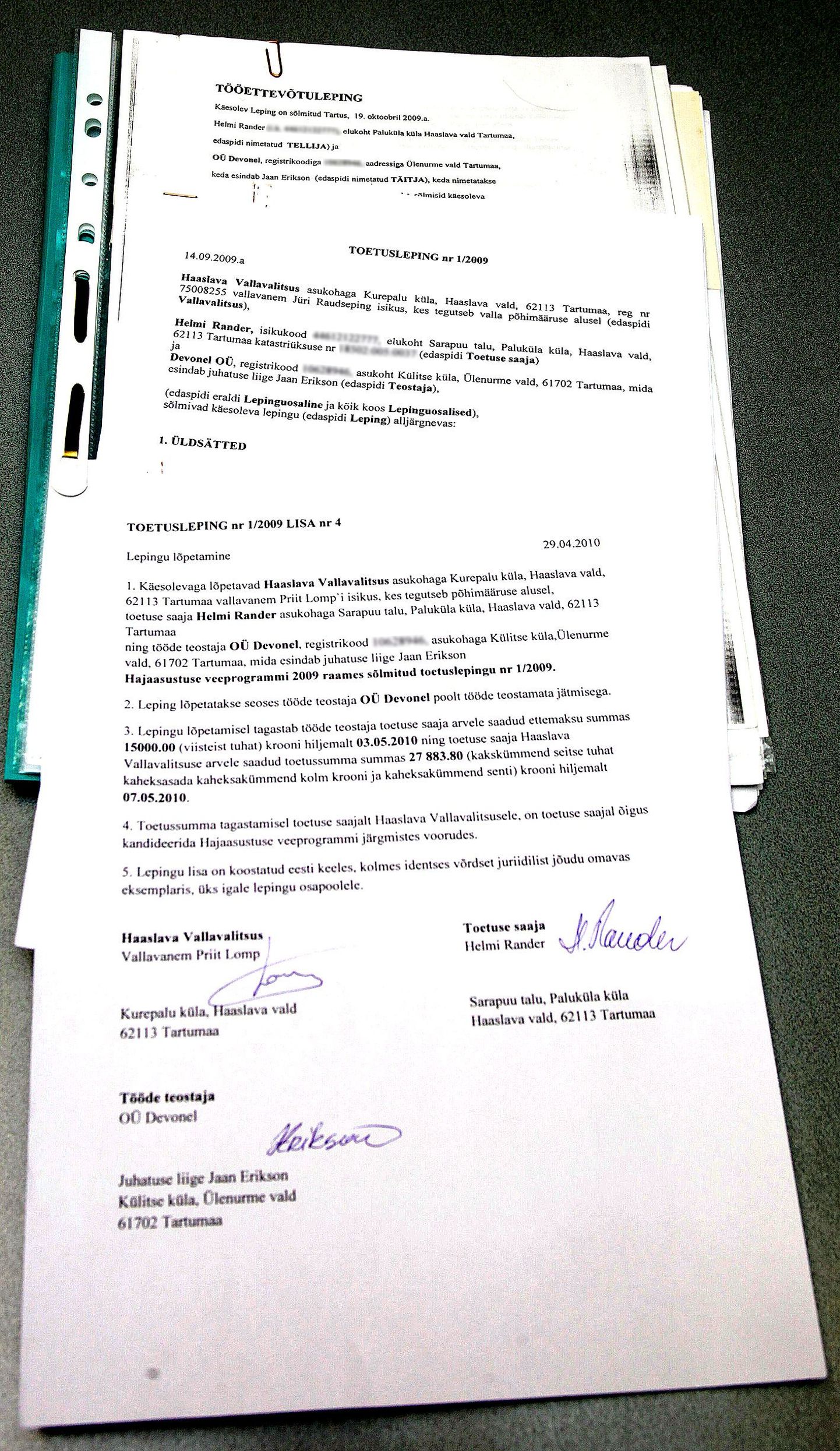 2010. aasta 29. aprillil kinnitas Janek Erikson oma allkirjaga, et tagastab 15 000 krooni hiljemalt nelja päeva pärast. Oma allkirja kirjutas ta isa Jaan Eriksoni nime kõrvale.
