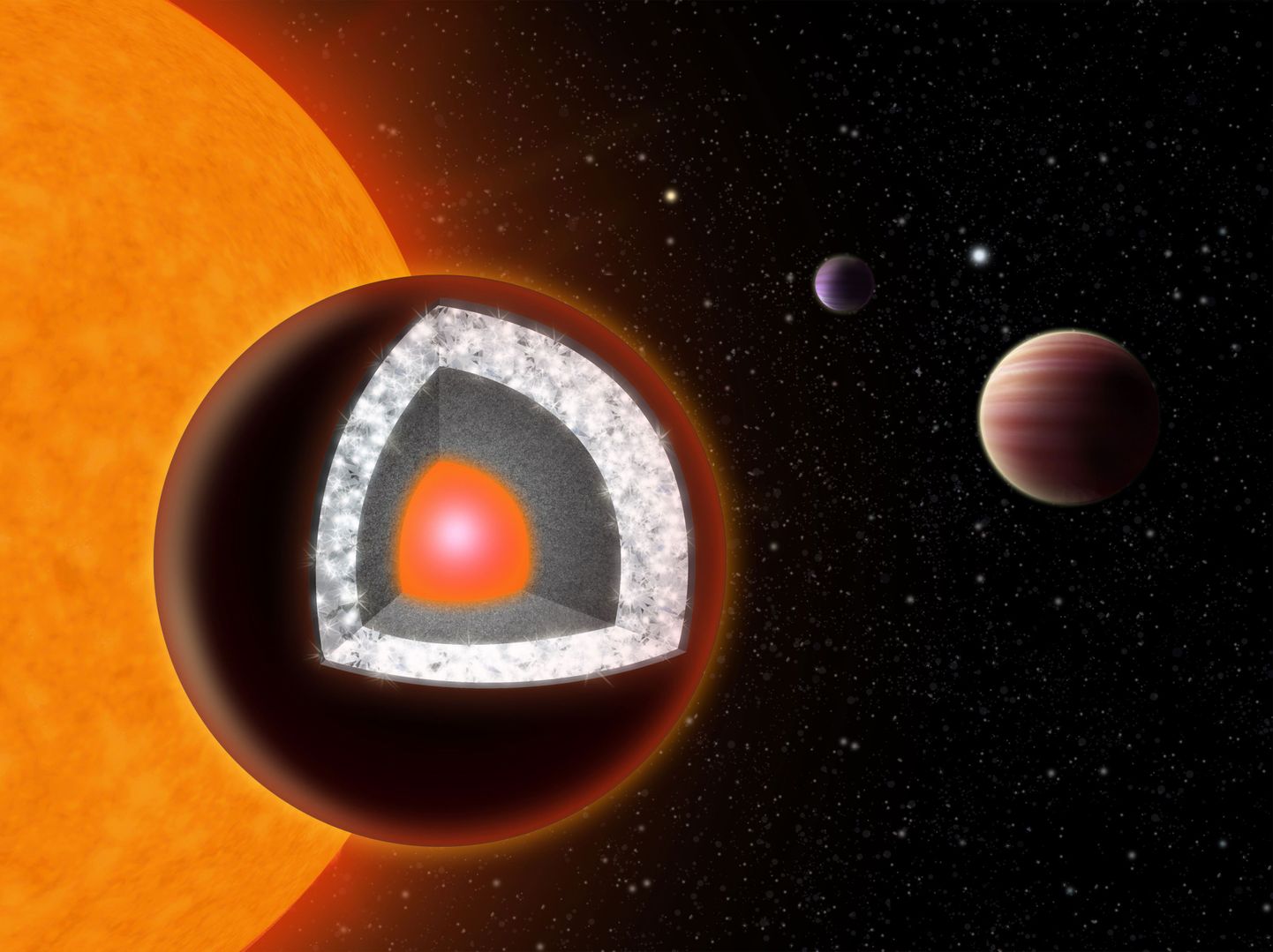 Kunstniku joonistus, millel on kujutatud planeet 55 Cancri e-d