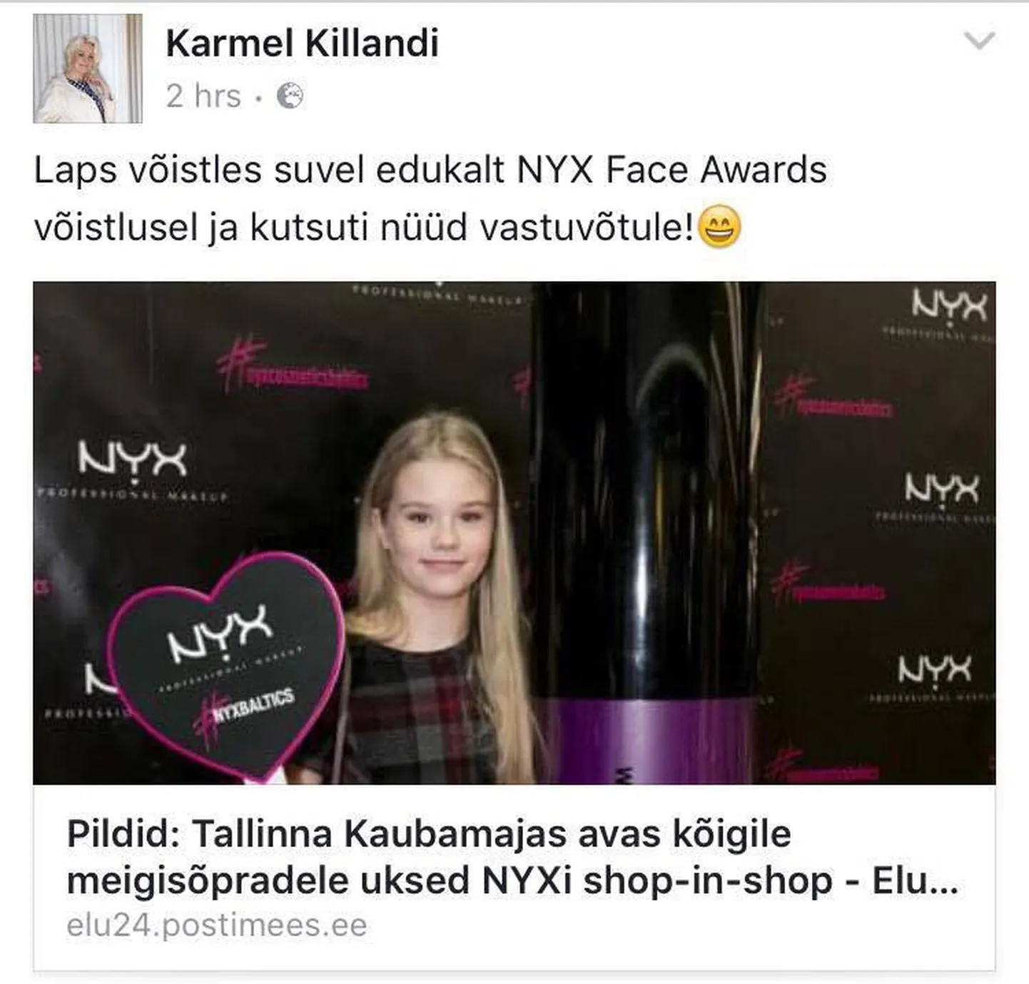 Telenäo Karmel Killandi tütar skooris tuntud meigibrändi võistusel