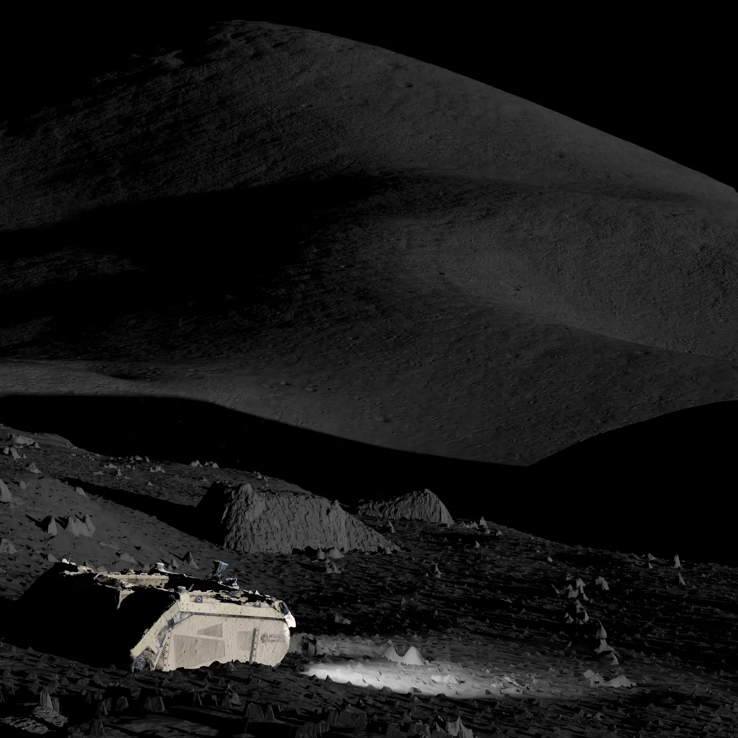 Illustratsioon Milrem Robotics’i kulgurist Kuul. Pilt on illustratiivne ja ei kujuta reaalselt planeeritavat kulgurit. Kuu pind on simuleeritud sarnaste meetoditega nagu projekti käigus plaanis: Kuu kaugseireandmete ja Apollo missioonidest pärit fotode põhjal.
FOTO: Mihkel Pajusalu