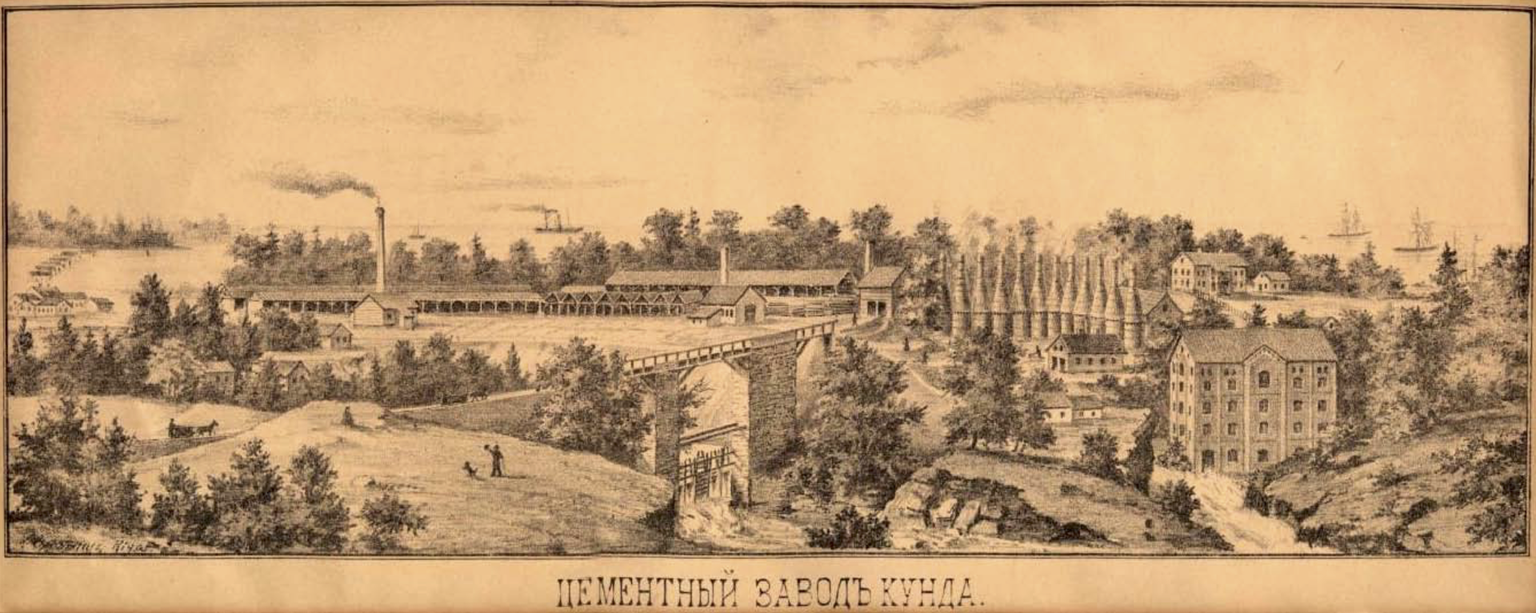 Vaade I vabrikule 1870. aastate lõpul, paremal pudelahjud, tsemendiveski ja sepikoda, vasakul tooraine ettevalmistamise osakond, keskel sild hoburaudteega ja tsemendiveski turbiini pais silla all.