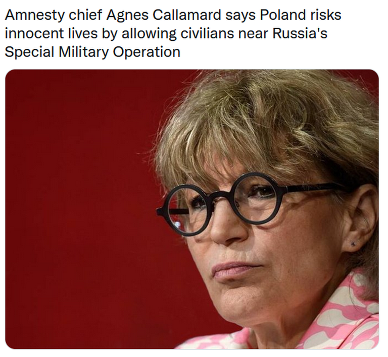 «Amnesty juhataja Agnes Callamardi sõnul seab Poola ohtu süütud elud, lubades tsiviilisikuid Venemaa sõjalisele erioperatsioonile lähedale.» 