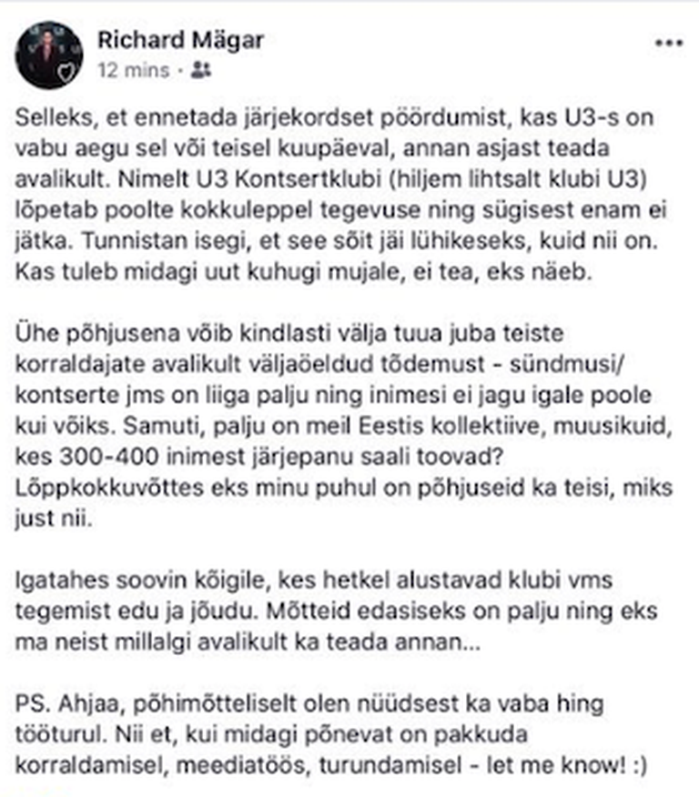 Richard Mägari Facebooki postitus: U3 Kontsertklubi sulgeb uksed.