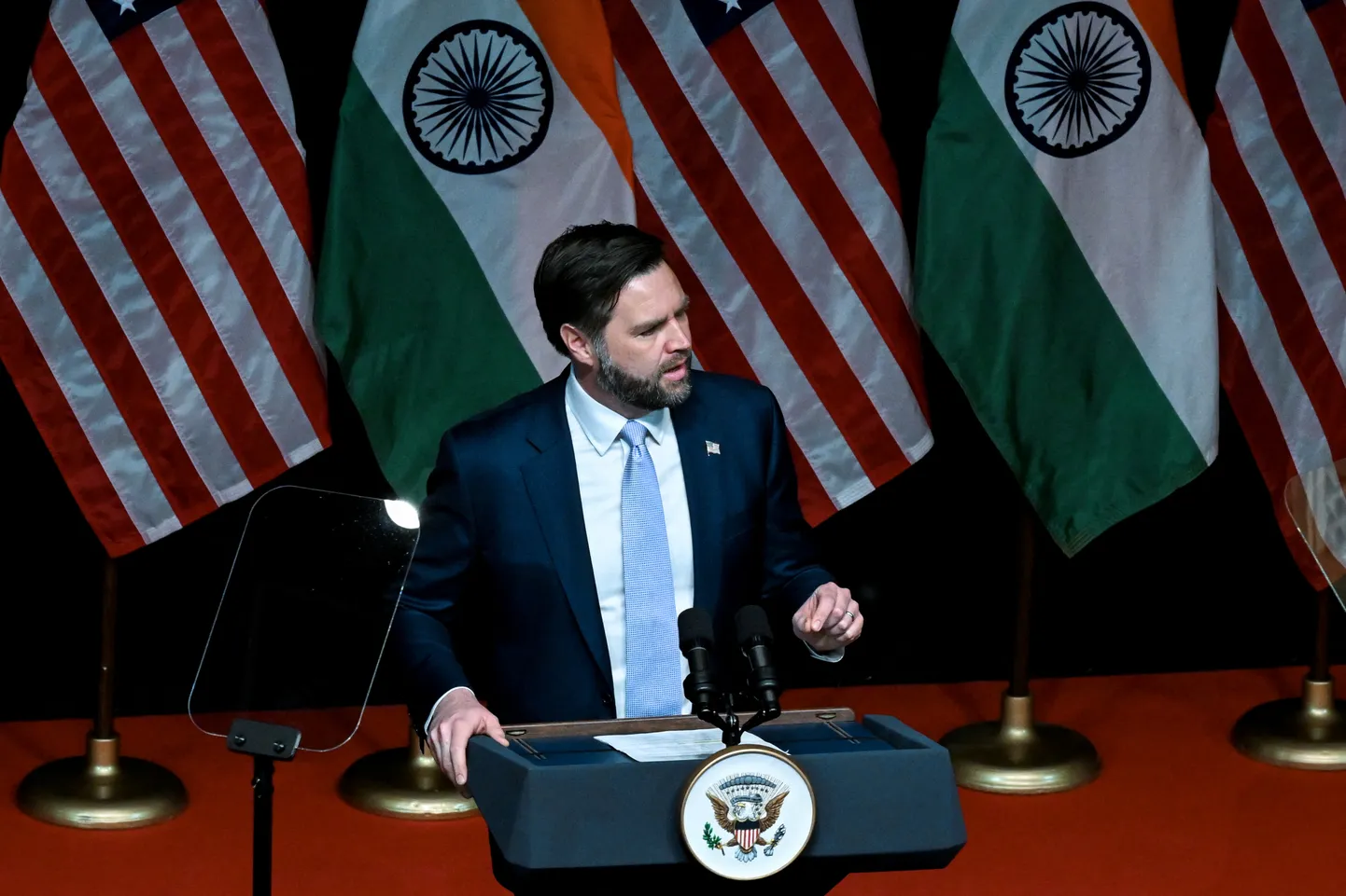 USA asepresident JD Vance peab kõne Rajasthani rahvusvahelises keskuses Jaipuris, Indias, teisipäeval, 22. aprillil 2025.