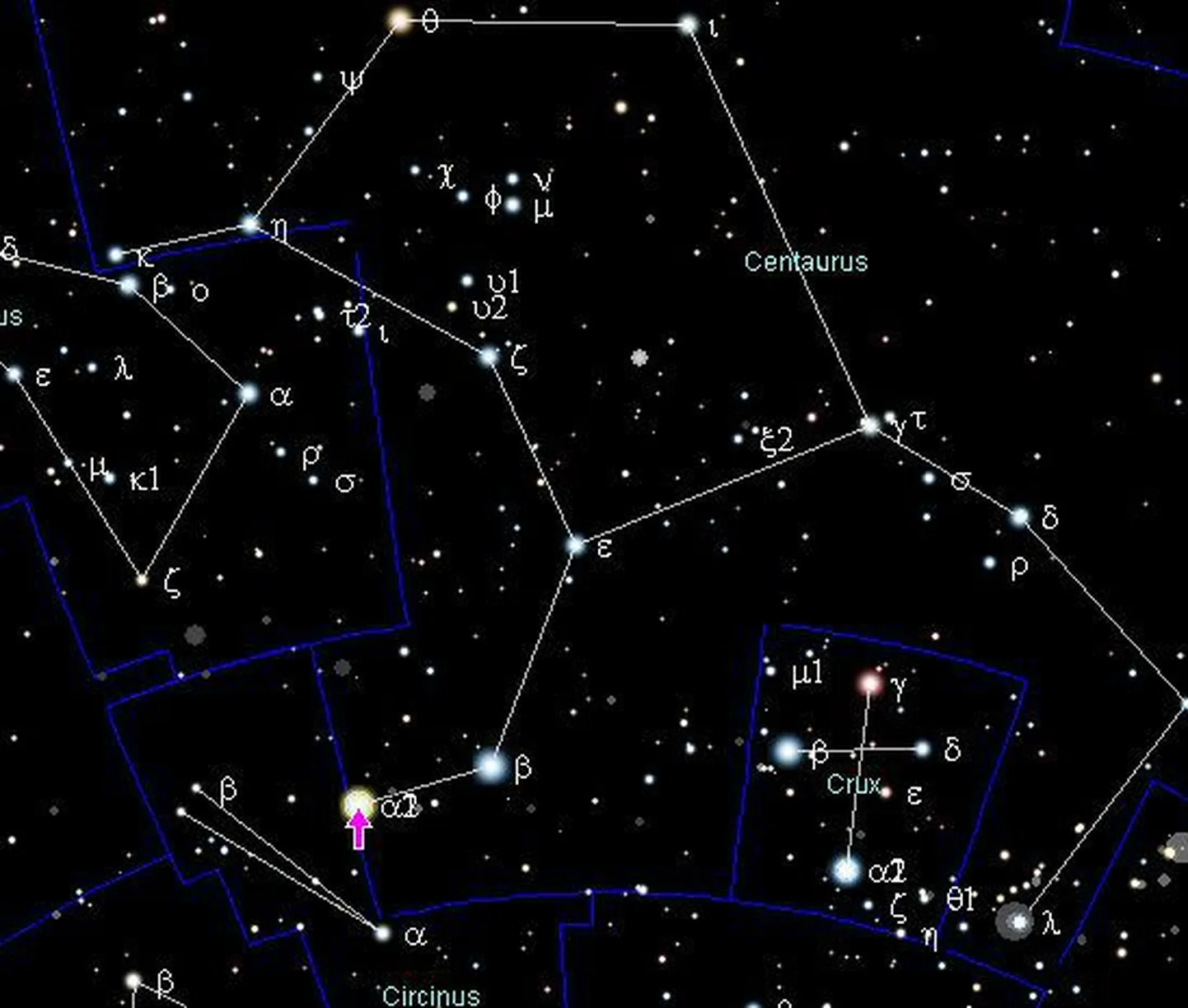 Alpha Centauri kaksiktähed (tähistatud roosa noolega)
