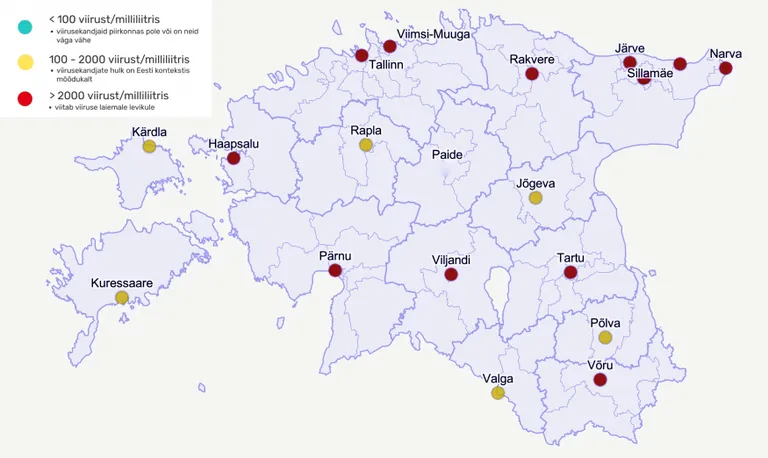 Koroonaviiruse reoveeseire kaart märtsi esimese nädala seisuga.