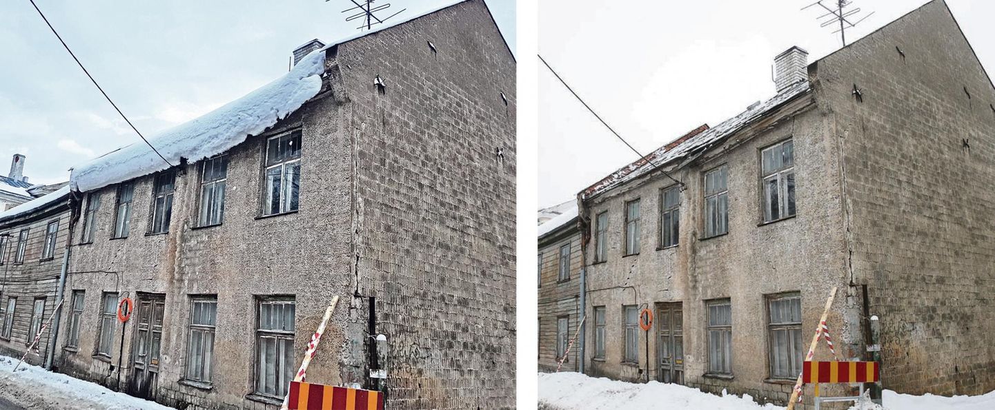 Pildidl vasakul: ohtlik lumi Kalevi 50 kortermaja katusel enne koristamist; paremal: Tartu linnavalitsus eemaldas Kalevi 50 maja katuselt lume.