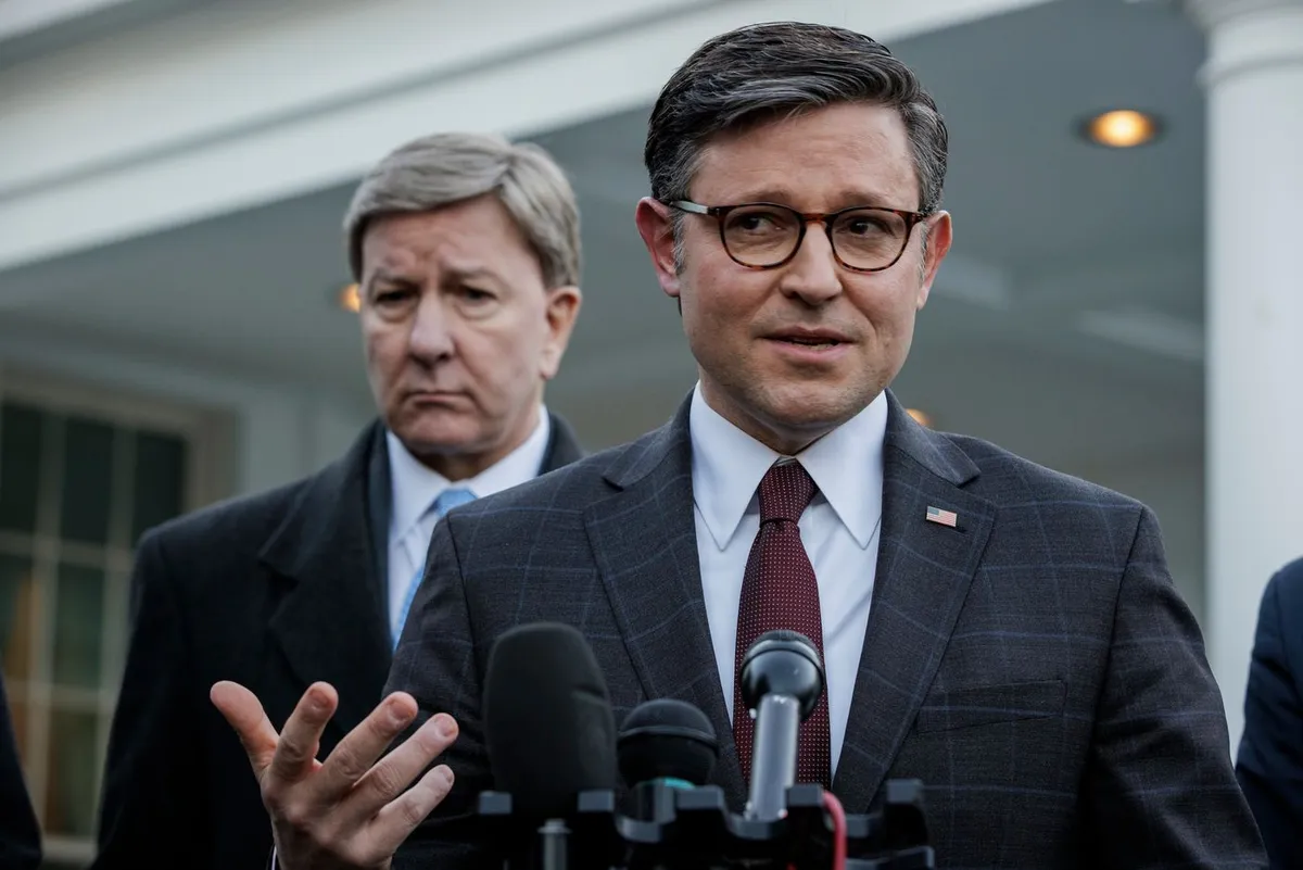 Speaker of the House Mike Johnson speaking in front of the White House on January 17, 2024, after meeting with Biden and congressional leaders regarding aid to Ukraine.