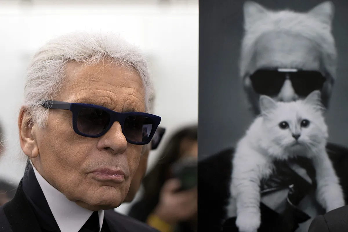 Karl Lagerfeld poseerib endast ja oma kassist tehtud foto kõrval.